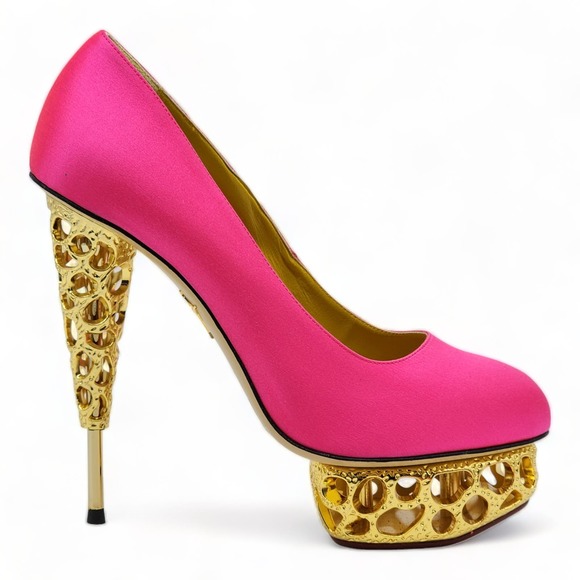 Charlotte Olympia Objets D'Art Gold Sculptured Heel Pumps | Pink | NEW $650 - Picture 2 of 7